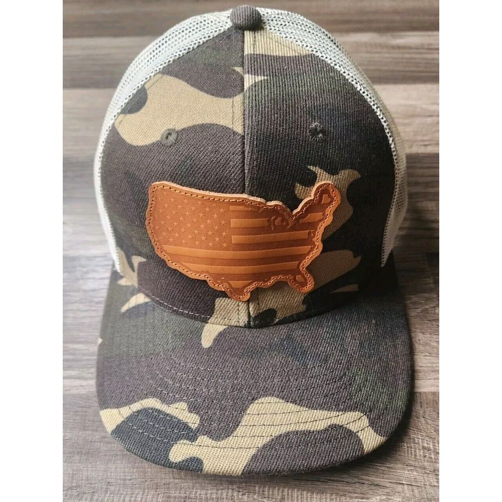 LOCAL CROWNS USA WOODLAND LEATHER STATE PATCH TRUCKER SNAPBACK HAT‎ CAMO NATURAL